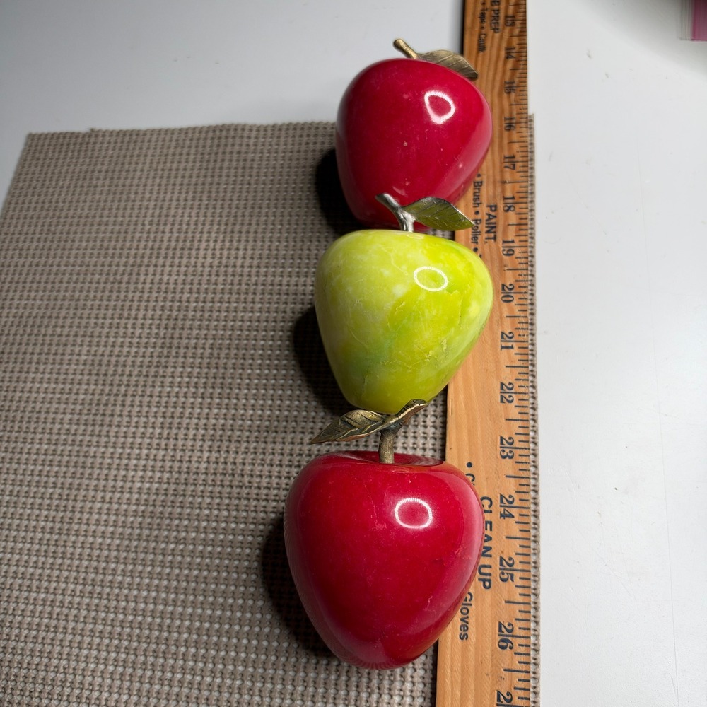 Vintage Polished Stone Marble Alabaster Apples Red Green Set of 3 Paperweights